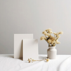 Mockup white blank greeting cards on white background, minimalist wild flowers