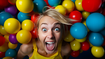 Fototapeta na wymiar Expressive happy woman in balloons feeling excited. Generative AI
