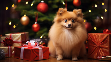 Fototapeta na wymiar A fluffy Pomeranian dog is surrounded by Christmas presents under a tree adorned with lights and red and gold ornaments.