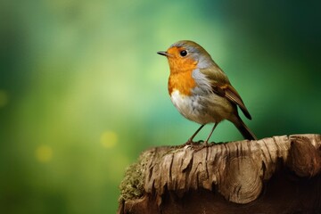 A Serene Moment: A Small Robin redbreast Bird Perched on a Rustic Piece of Wood Created With Generative AI Technology