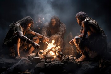 A Cozy Neanderthal  Evening Gathering Around a Warm Bonfire Created With Generative AI Technology