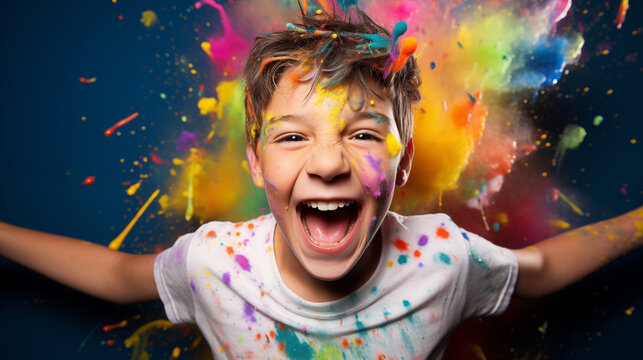 Overjoyed playful boy child emotion over festive background. Generative AI