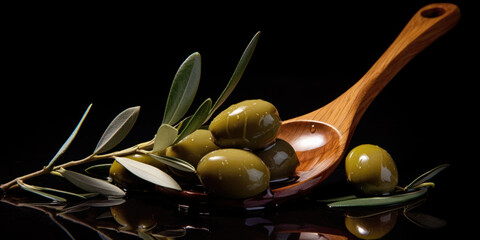 Fresh olives with leaves in spoon on rustic table.