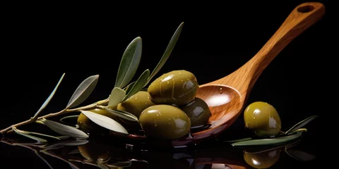Foto op Plexiglas Fresh olives with leaves in spoon on rustic table. © smth.design