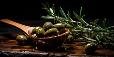 Foto op Plexiglas Fresh olives with leaves in spoon on rustic table. © smth.design