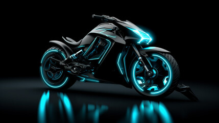 Obraz na płótnie Canvas A futuristic motorcycle with dark color, neon lights, and a sci-fi style, represents the transport of the future. 