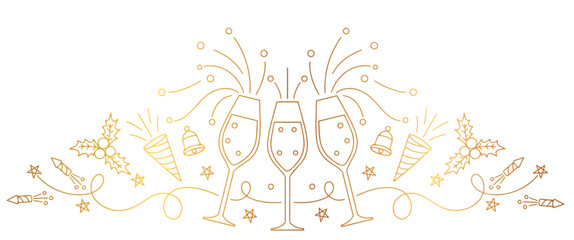 Line art vector illustration glasses of champagne. gold line sketch vector illustration isolated on white background.