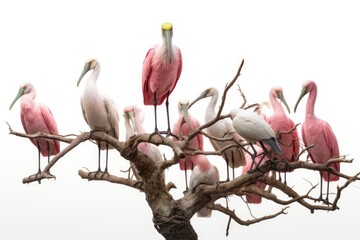 A Serene Gathering of Roseate spoonbills Birds Perched on Majestic Tree Branches Created With Generative AI Technology