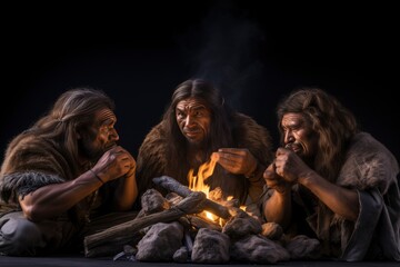A Cozy Neanderthal  Evening Gathering Around the Warm Fire Created With Generative AI Technology - obrazy, fototapety, plakaty