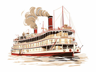 Drawing of Large steamboat retro illustration separated, sweeping overdrawn lines.