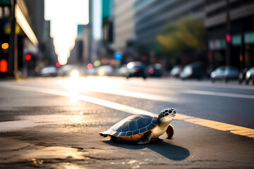 Turtle moving very quickly down a busy city street. AI generated content