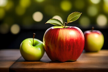 Fresh red apples on wooden background. AI generated content