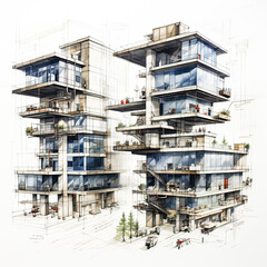 Fototapeta na wymiar Sketch of a stylish modern home, an architectural masterpiece in vibrant watercolors