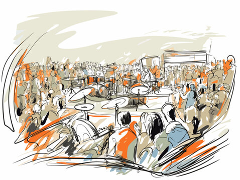 Drawing of Live music background. Show and public illustration separated, sweeping overdrawn lines.
