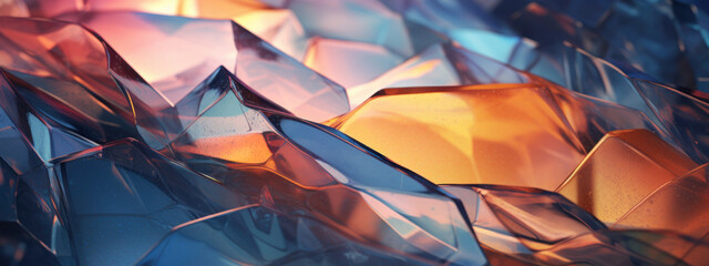 Abstract glass art in blues and oranges.