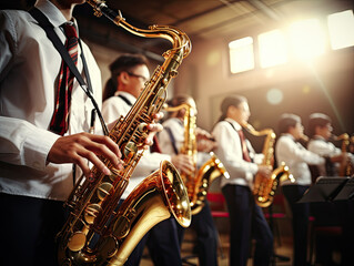 High school students kindle enthusiasm with instruments in the lively school band, crafting a symphony of youthful talent where Harmony resounds - obrazy, fototapety, plakaty