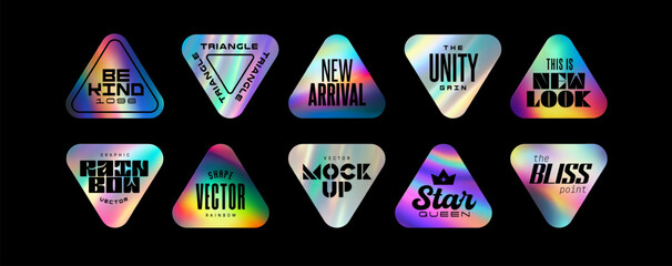 Holographic sticker set. Holography labels mockup and realistic holo textures. Shine badges of triangular shapes.
