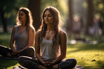 Women doing yoga meditation in sunlit park. Generative AI.