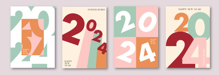 Set of creative concept of 2024 Happy New Year posters. Design templates with typography logo 2024 for celebration and season decoration. Minimalistic trendy backgrounds for  banner, cover, card.