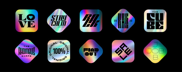 Hologram stickers, holographic labels with rainbow texture, vector original product stamp. Hologram sticker for product guarantee and premium quality - obrazy, fototapety, plakaty