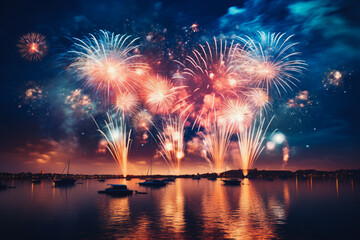 Fototapeta na wymiar Beautiful fireworks on the sea coast. Sunshine night scene with boats in marine.