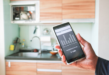 Man checking daily domestic energy consumption in his mobile app. Modern kitchen on the blur...