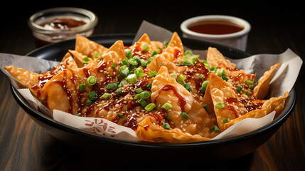 Fried Wontons with Chilli Flakes and Spring Onion on Selective Focus Background