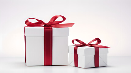 Obraz premium Elegant Gift Boxes with Ribbons, Two white boxes, red ribbons, different sizes, Celebration Concept Art, Generative AI