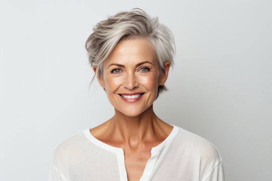 Portrait of an elegant older woman, white background. Skincare and beauty