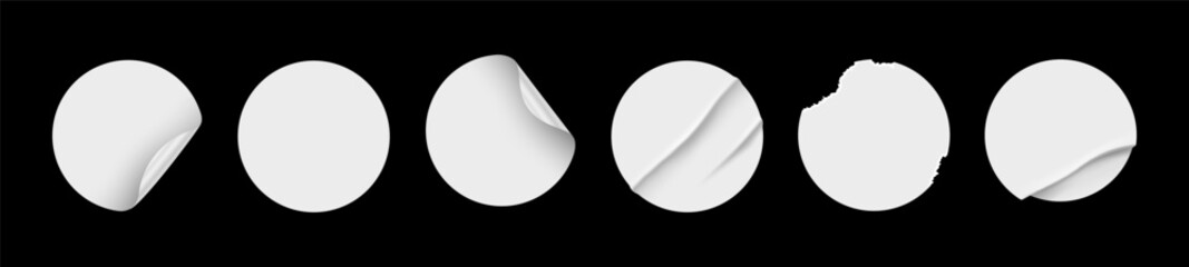 White sticker and tags, paper round stickers with peeling corner and shadow, isolated rounded plastic mockup, realistic set round paper adhesive sticker mockup with curved corner
