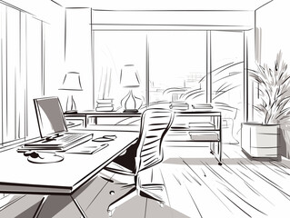 Drawing of Office room.Vector interior for work with table illustration separated, sweeping overdrawn lines.
