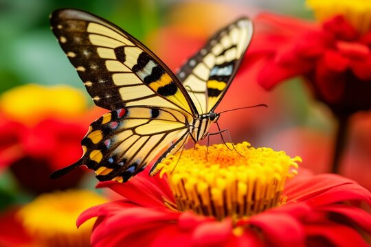 Close-up of a butterfly on a vibrant flower bloom. Generative AI