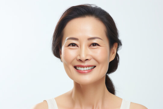 Skincare success: Asian mature woman's portrait with a beaming smile