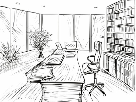 Drawing of Office room.Vector interior for work with table illustration separated, sweeping overdrawn lines.