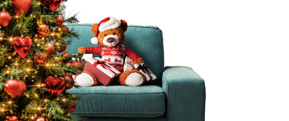 Cute teddy bear and Christmas tree - obrazy, fototapety, plakaty