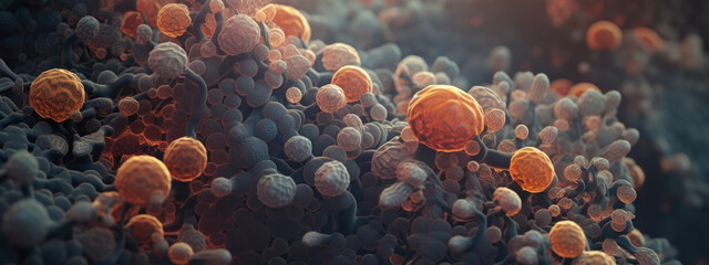 Vibrant cell microcosm with orange hues. - obrazy, fototapety, plakaty