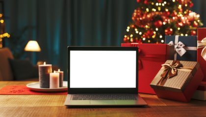 Laptop with blank screen, gifts and Christmas tree