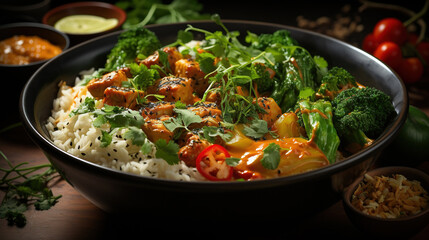 An Vegan Thai Curry With Steamed White Rice in a Plate Selective Focus Background