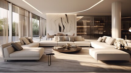 Awash in natural light, an opulent yet minimalist living room decorated in rationalist taste boasts sleek contours, soft carpets and artistic adornments
