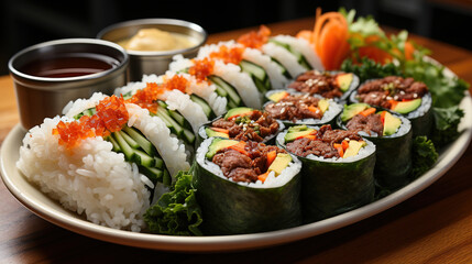 Kimbap - Rice Rolls Filled with Vegetables Meat and Pickled Radish Similar to Sushi Rolls on Blurred Background