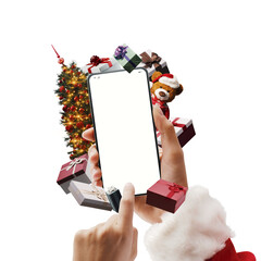 Santa Claus holding a smartphone and Christmas gifts