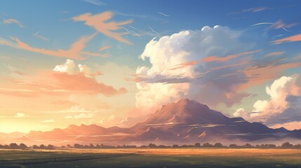 Naklejka na ściany i meble Beautiful landscape background. Cartoon summer sunrise with clouds, field, mountain and sunshine. Anime style