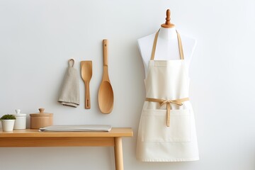 Clean apron and kitchen utensils on light background