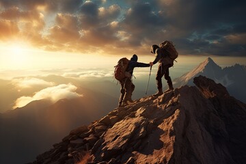 a hiker trekker helping his friend climbing on mountain top