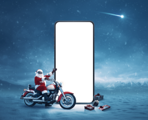 Biker Santa Claus and big smartphone