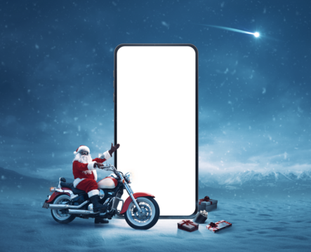 Biker Santa Claus and big smartphone