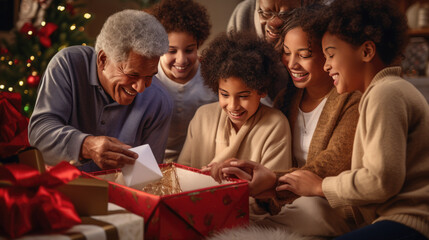 Fototapeta premium A delighted family share a heartwarming moment while unwrapping a Christmas gift against the backdrop of a glowing festive tree.