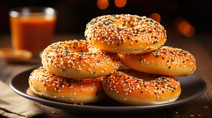 Several sesame bagels on a plate