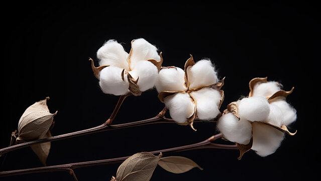 Photo of a branch of cotton on a black background. Beauty and tenderness.