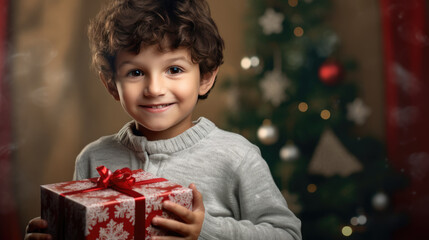 A delighted boy with a beaming smile holds a Christmas present , surrounded by the festive glow of tree lights and ornaments.